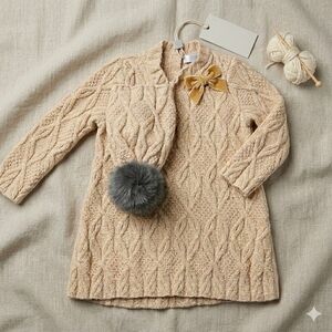 Max Studio Baby 12M Cable Knit Dress Pom Pom Hat Set Tan Beige‎ Cotton Cozy NWOT
